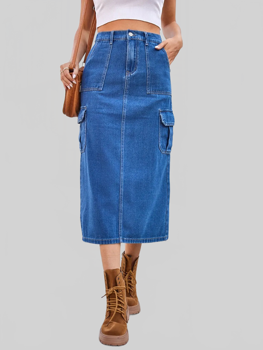 Slit Midi Denim Skirt with Pockets nicholesgifts