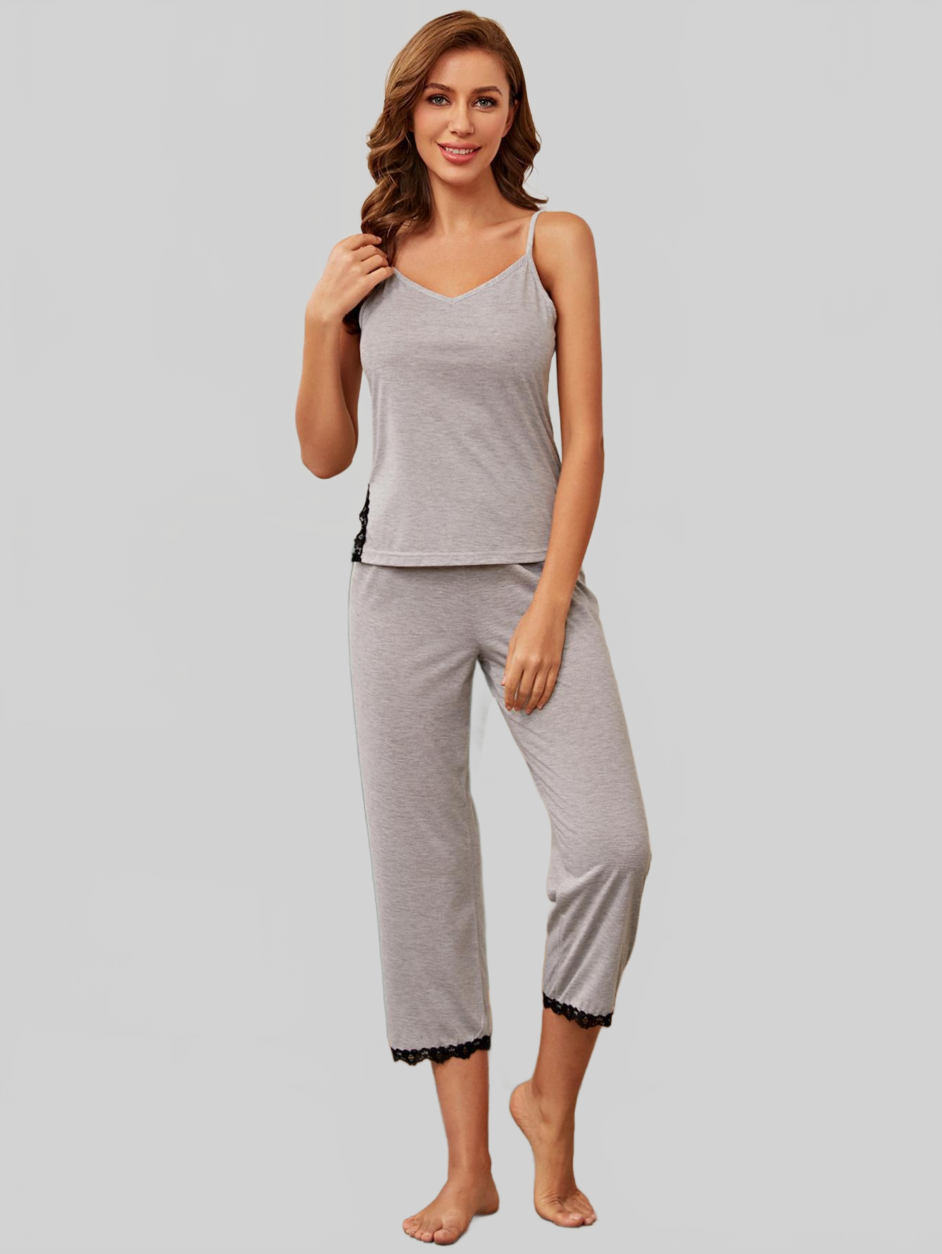 V-Neck Lace Trim Slit Cami and Pants Pajama Set nicholesgifts