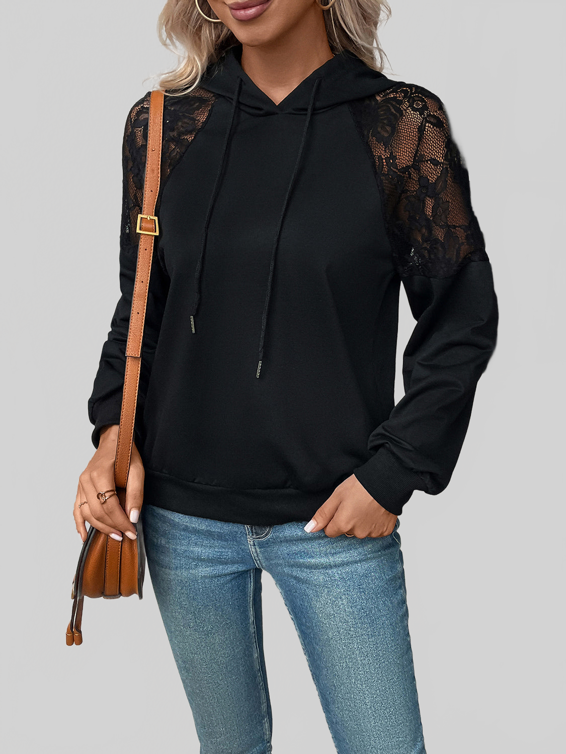 Perfee Lace Detail Drawstring Long Sleeve Hoodie nicholesgifts