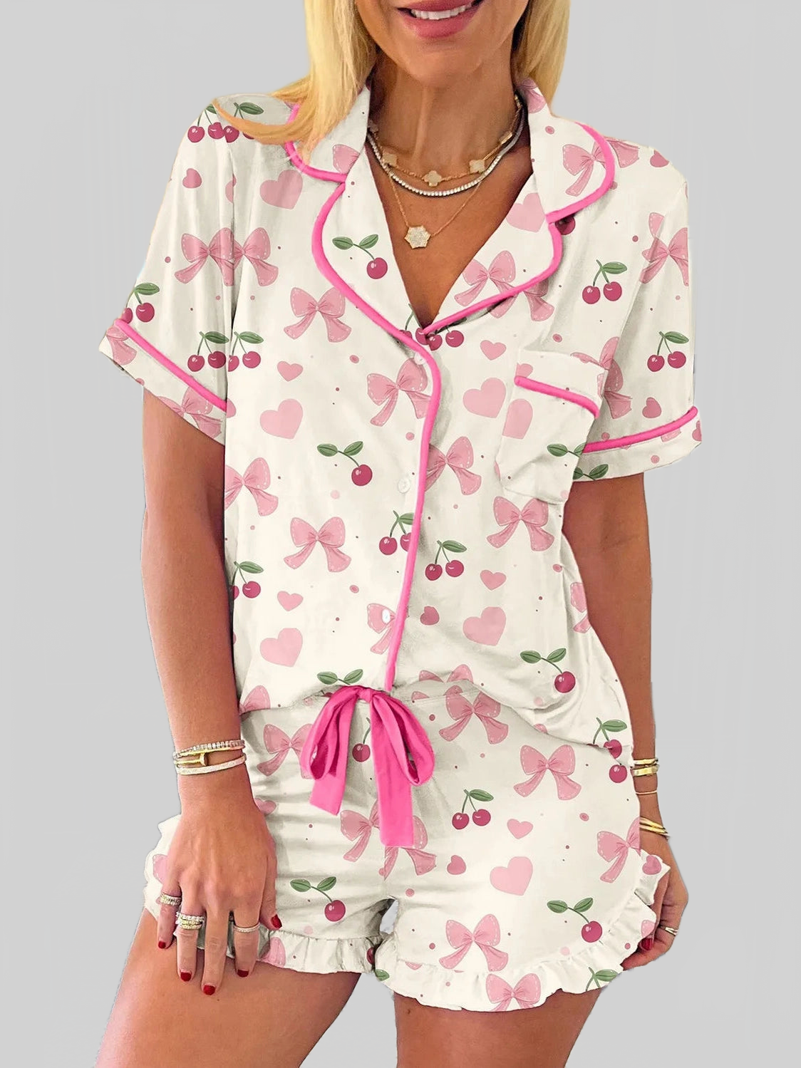 Printed Button Up Short Sleeve Top and Shorts Lounge Set nicholesgifts