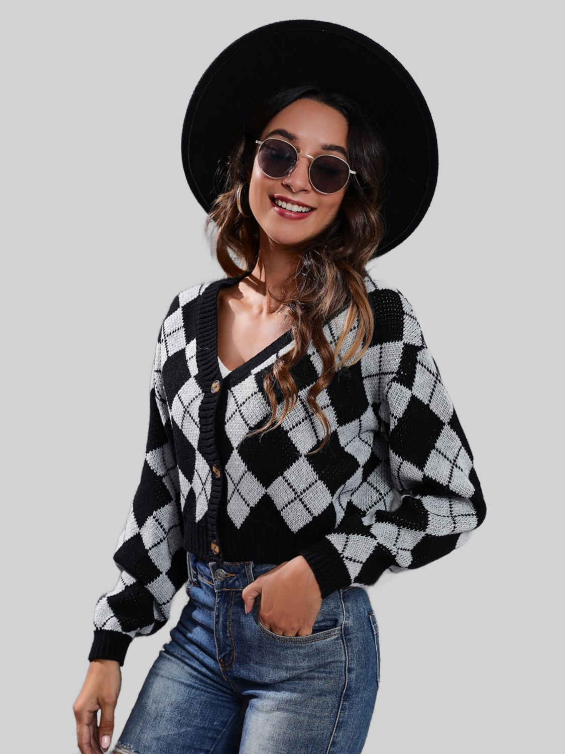 Women Geometric Button Up Long Sleeve Cardigan NicholesGifts