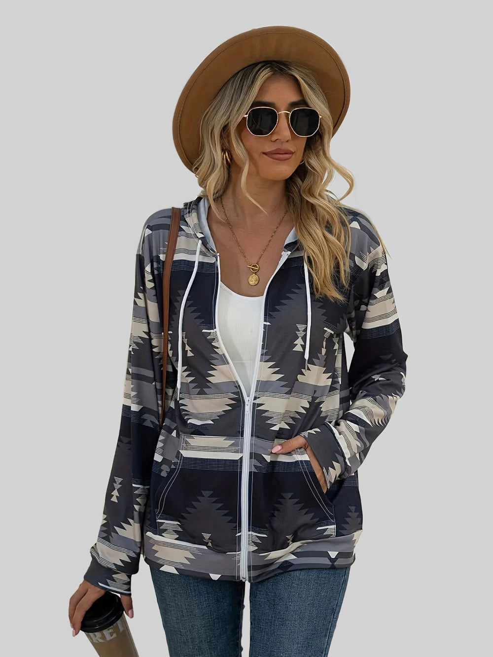 Geometric Zip Up Long Sleeve Hooded Jacket nicholesgifts