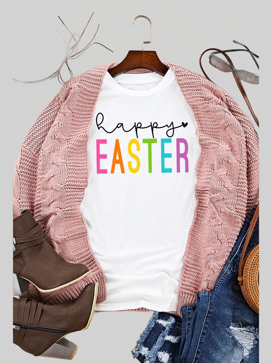 Women Happy Easter Round Neck Short Sleeve T-Shirt nicholesgifts