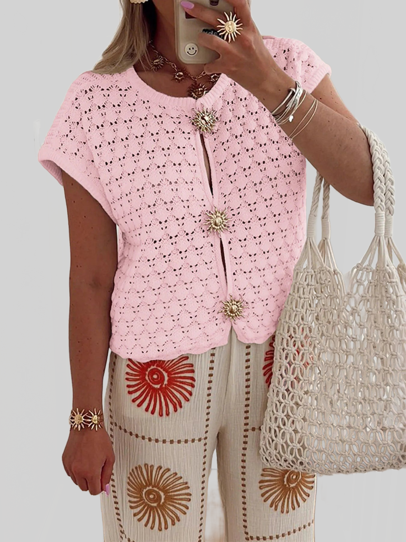 Crochet Short Sleeve Button Front Cardigan nicholesgifts