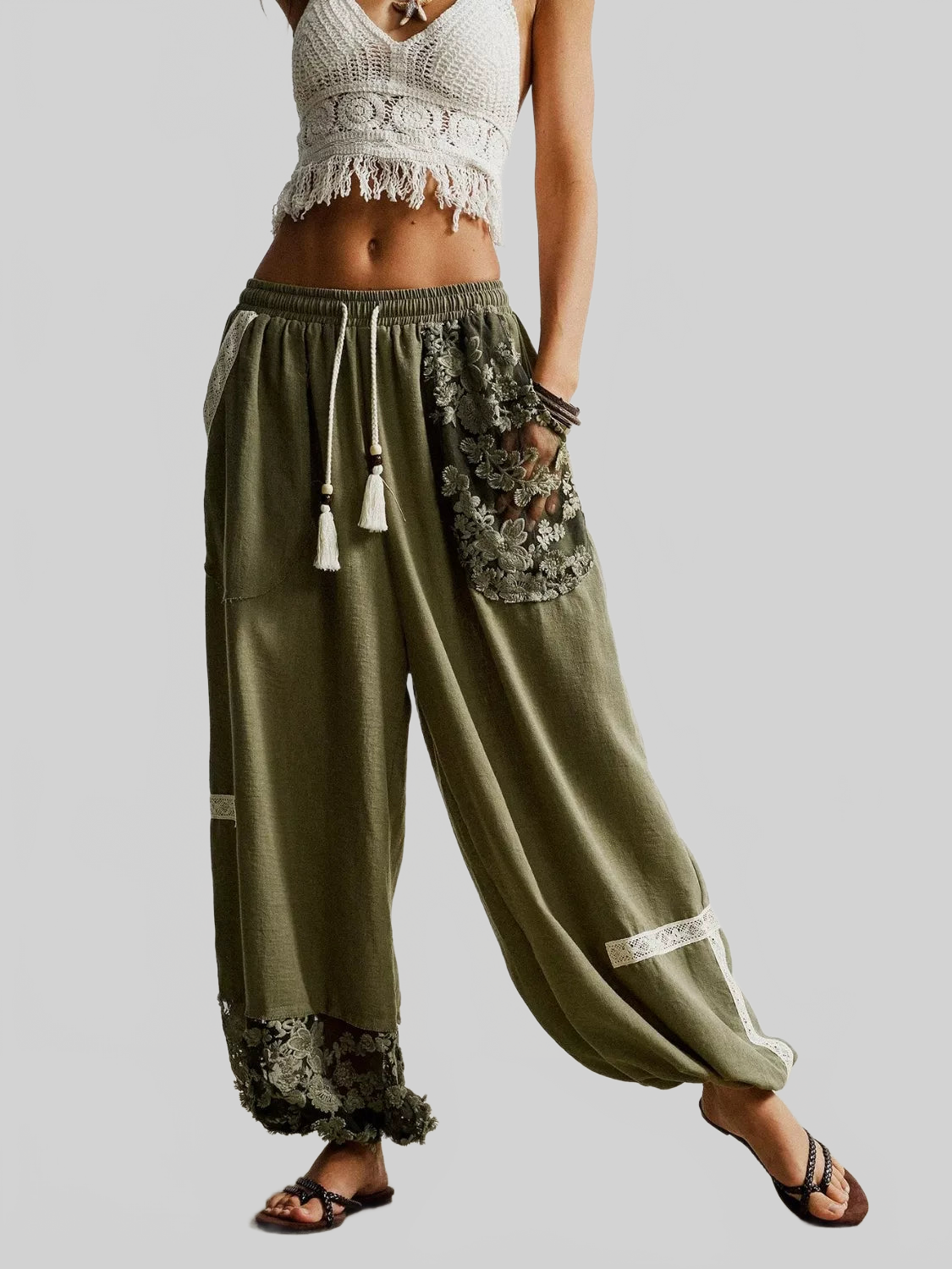 Women Lace Detail Drawstring Harem Pants nicholesgifts