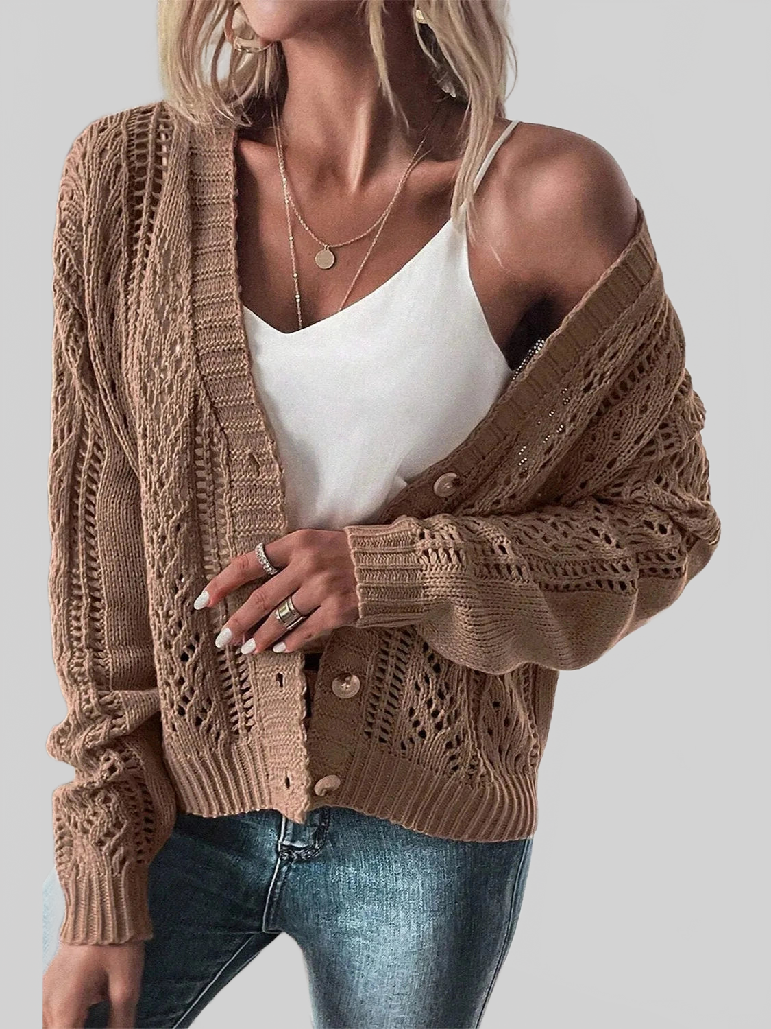 Openwork Button Up Long Sleeve Cardigan nicholesgifts