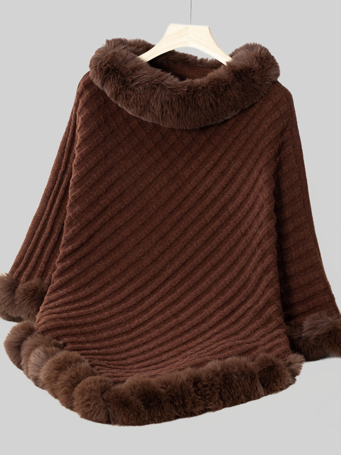 Women Fuzzy Trim Texture Three-Quarter Sleeve Poncho nicholesgifts