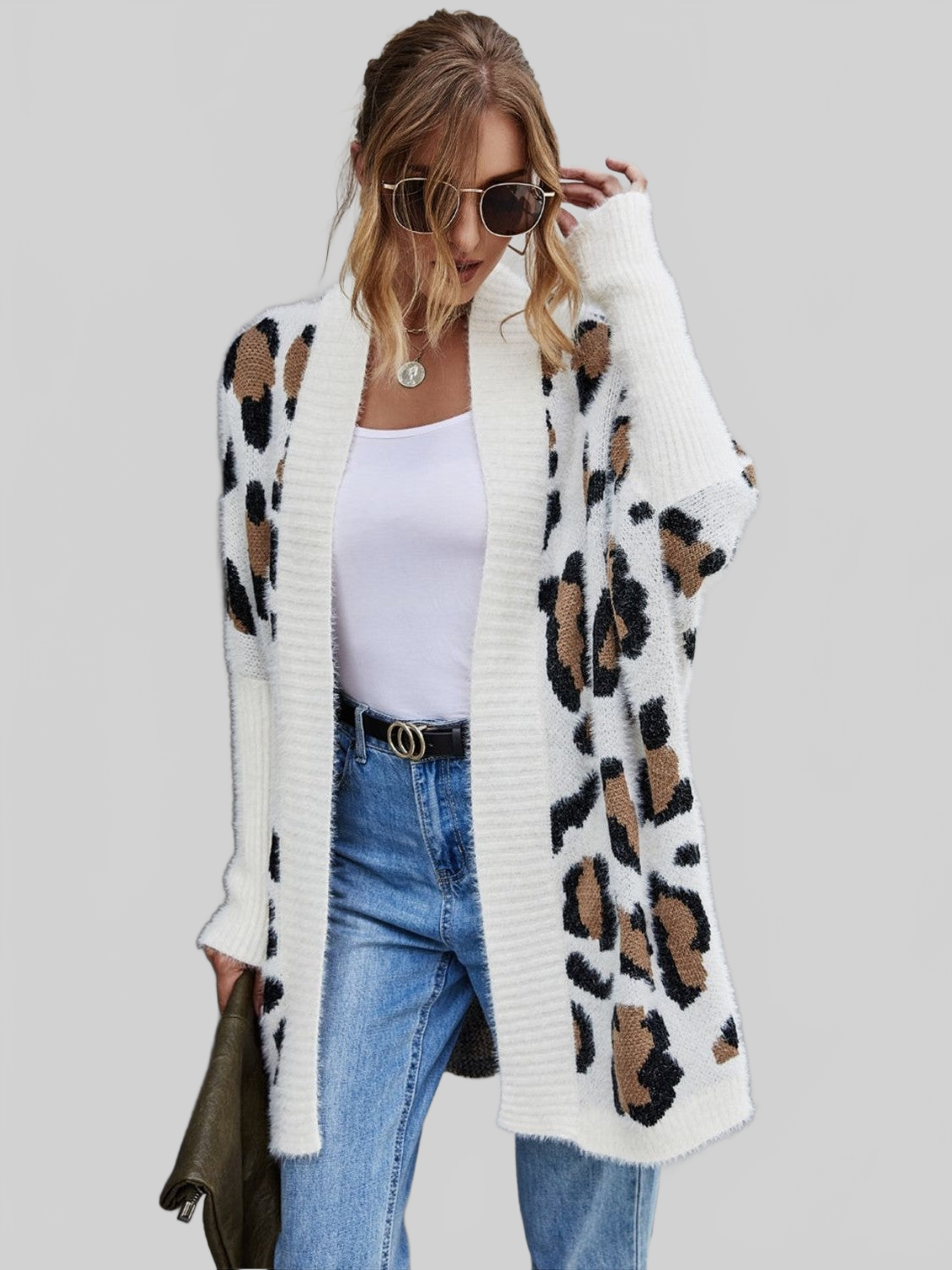 Women Leopard Pattern Fuzzy Cardigan nicholesgifts