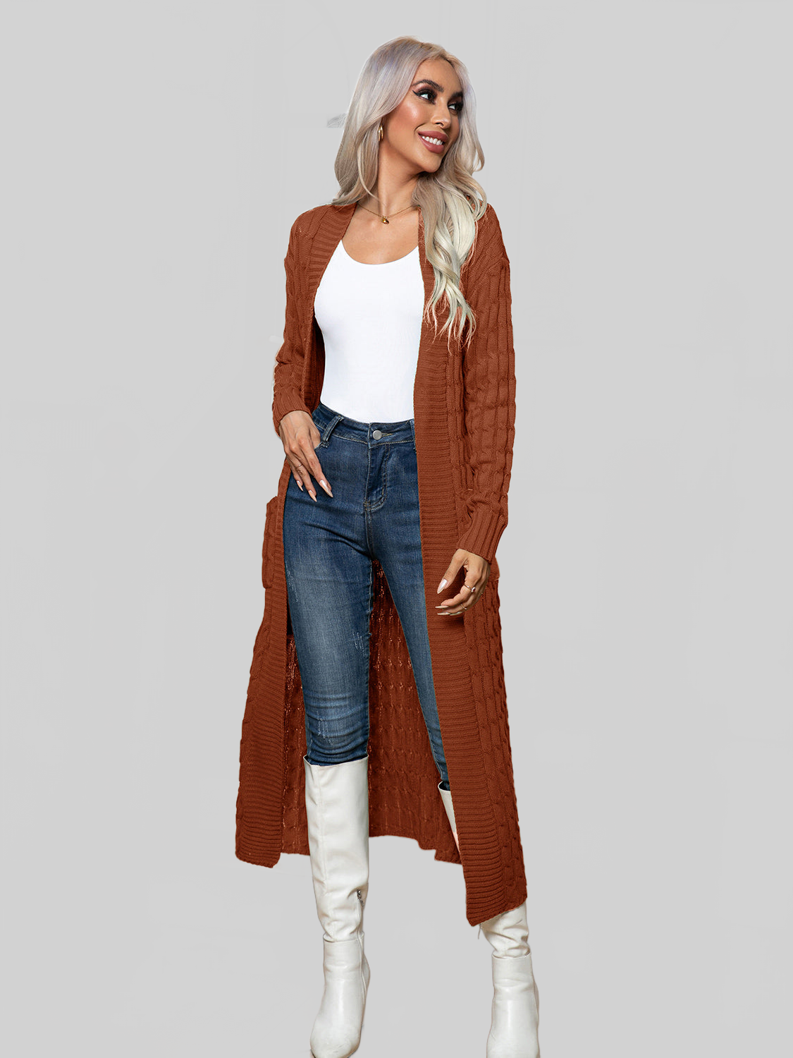 Women Cable-Knit Open Front Cardigan with Pockets nicholesgifts