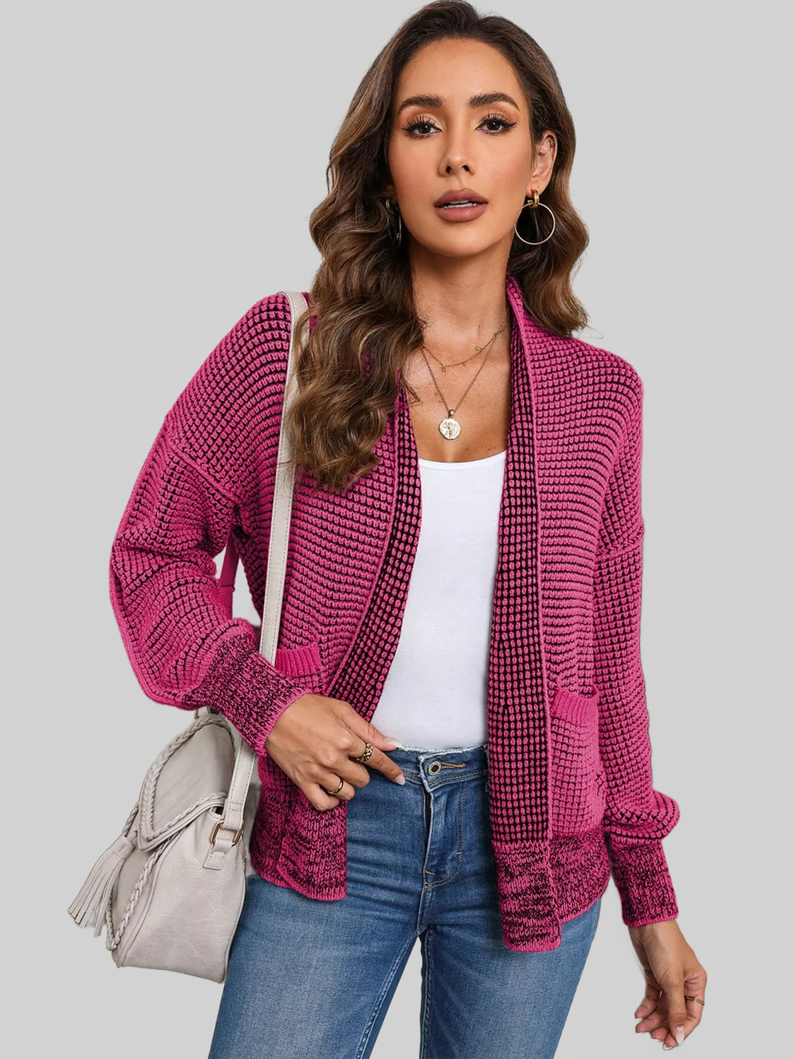 Women Waffle-knit Pocketed Open Front Cardigan nicholesgifts
