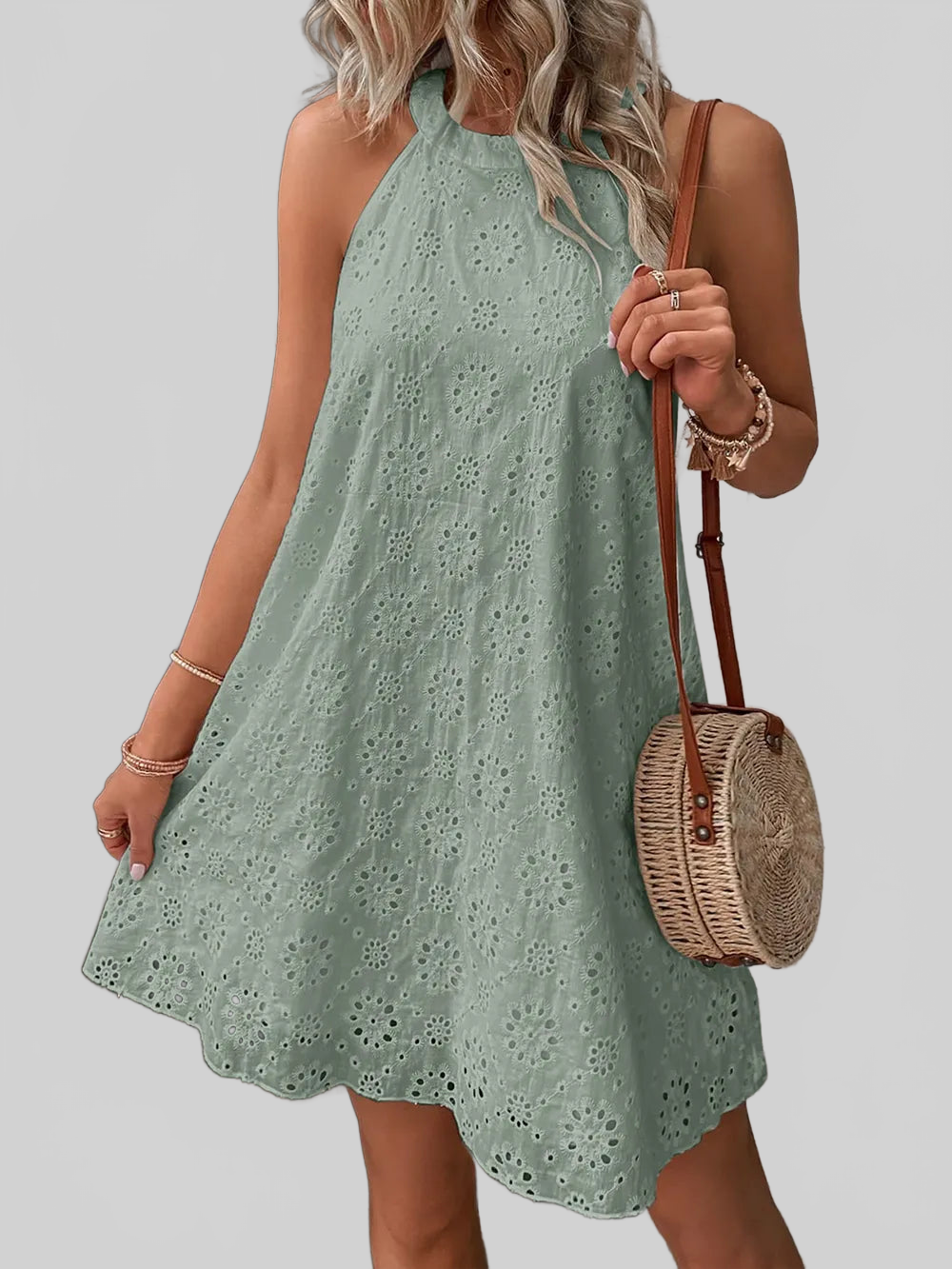Eyelet Grecian Neck Mini Dress nicholesgifts