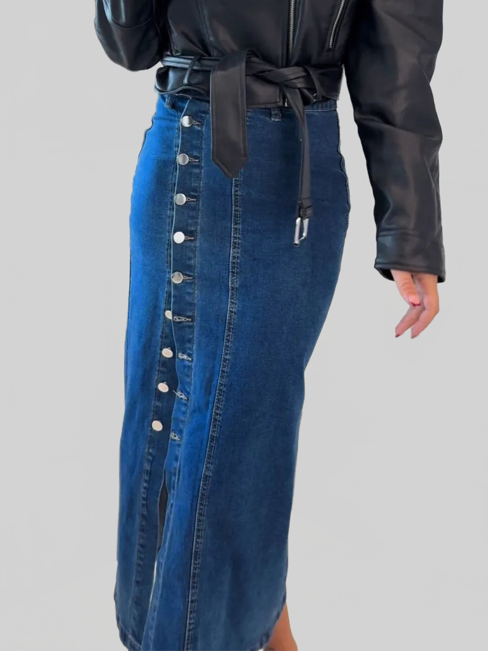 Front Button Slit Midi Denim Skirt nicholesgifts