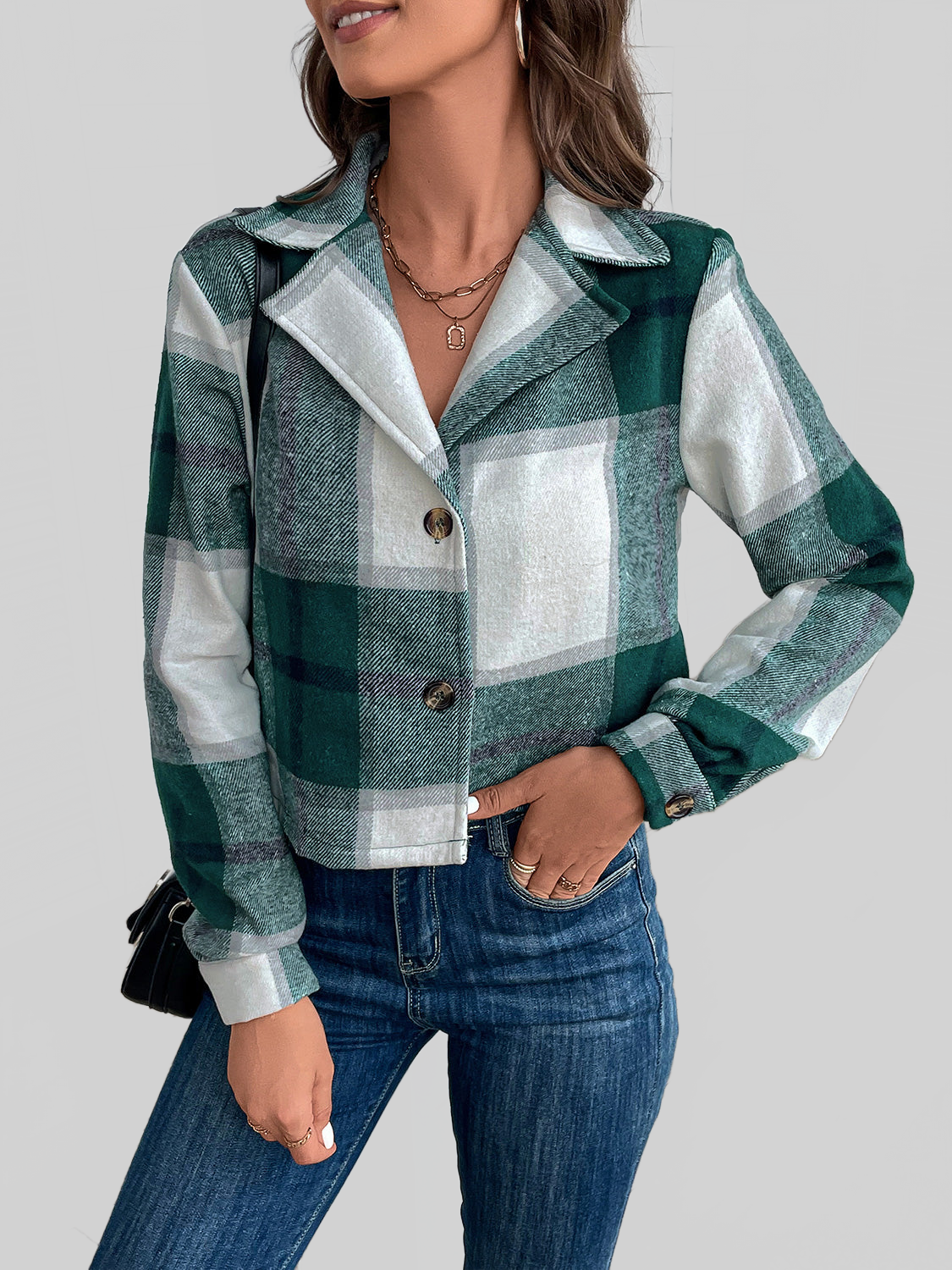 Perfee Plaid Collared Neck Button Up Long Sleeve Jacket NicholesGifts