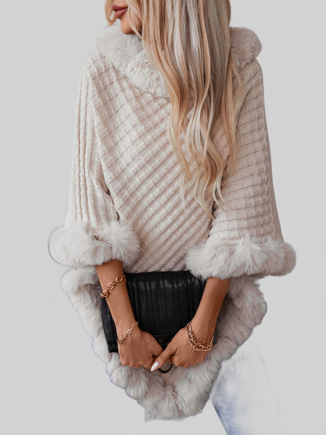 Women Fuzzy Trim Texture Three-Quarter Sleeve Poncho nicholesgifts