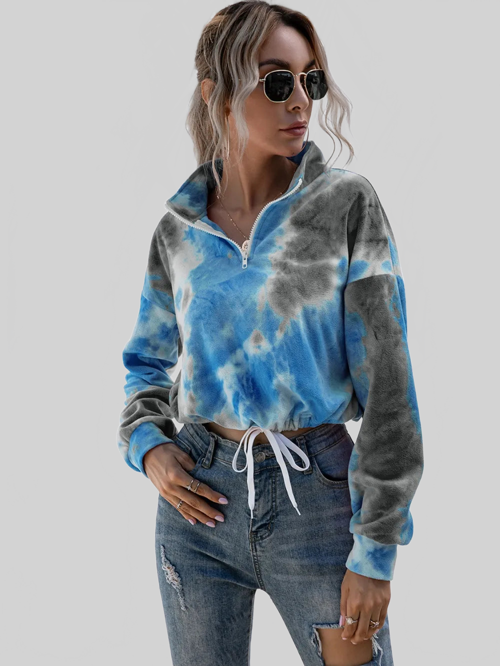 Women Ivy Lane Tie-Dye Quarter Zip Dropped Shoulder Sweatshirt nicholesgifts