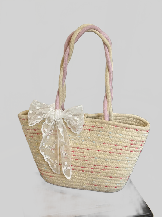 Woven Straw Shoulder Bag with Lace Bow Detail NicholesGifts