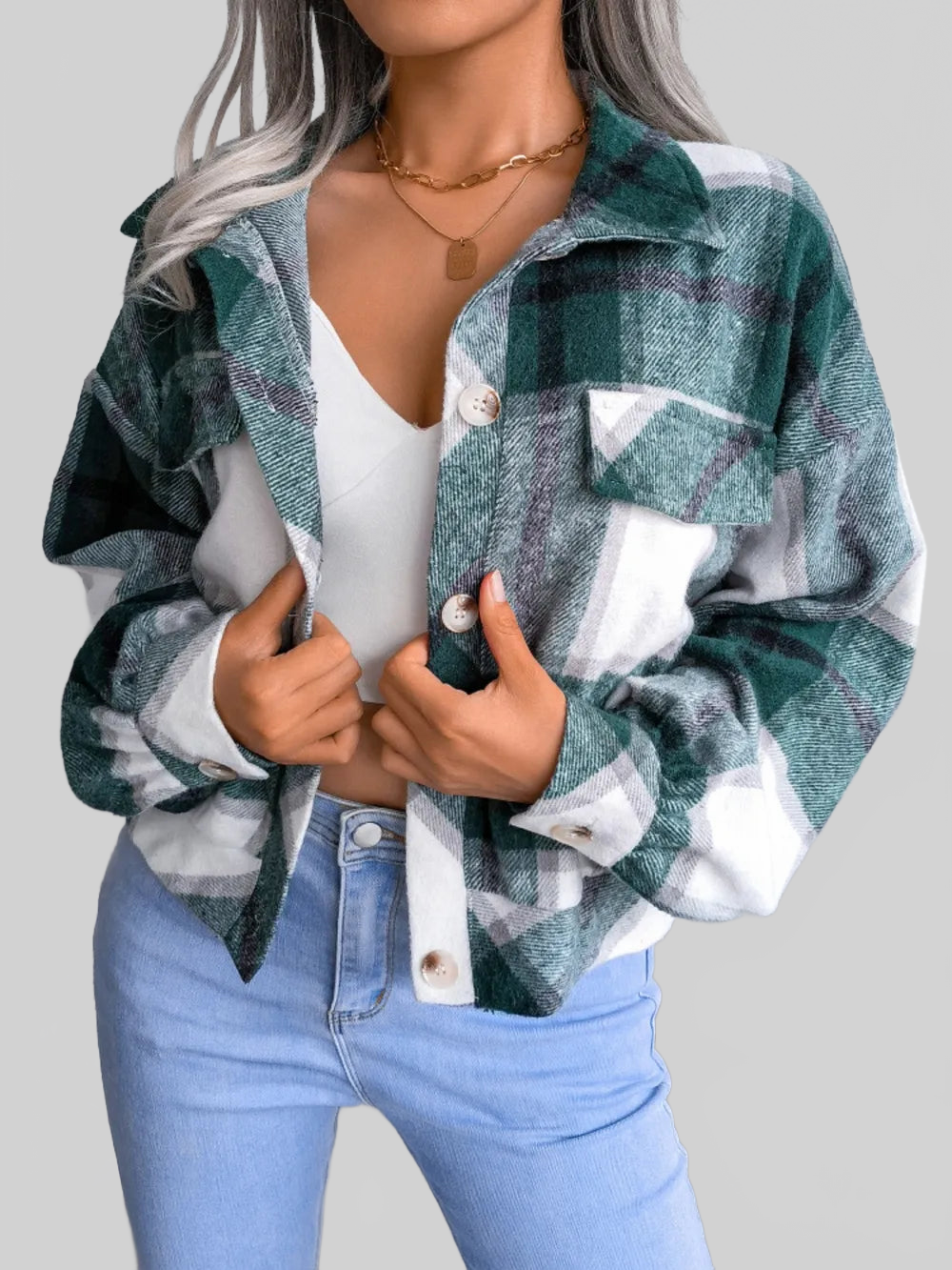 Plaid Collared Neck Long Sleeve Jacket nicholesgifts