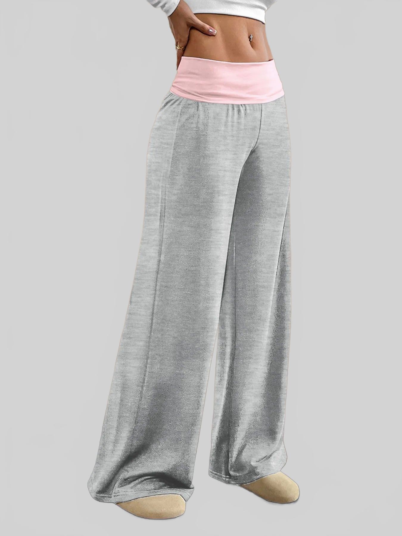 Women Contrast Waistband Wide Leg Pants nicholesgifts