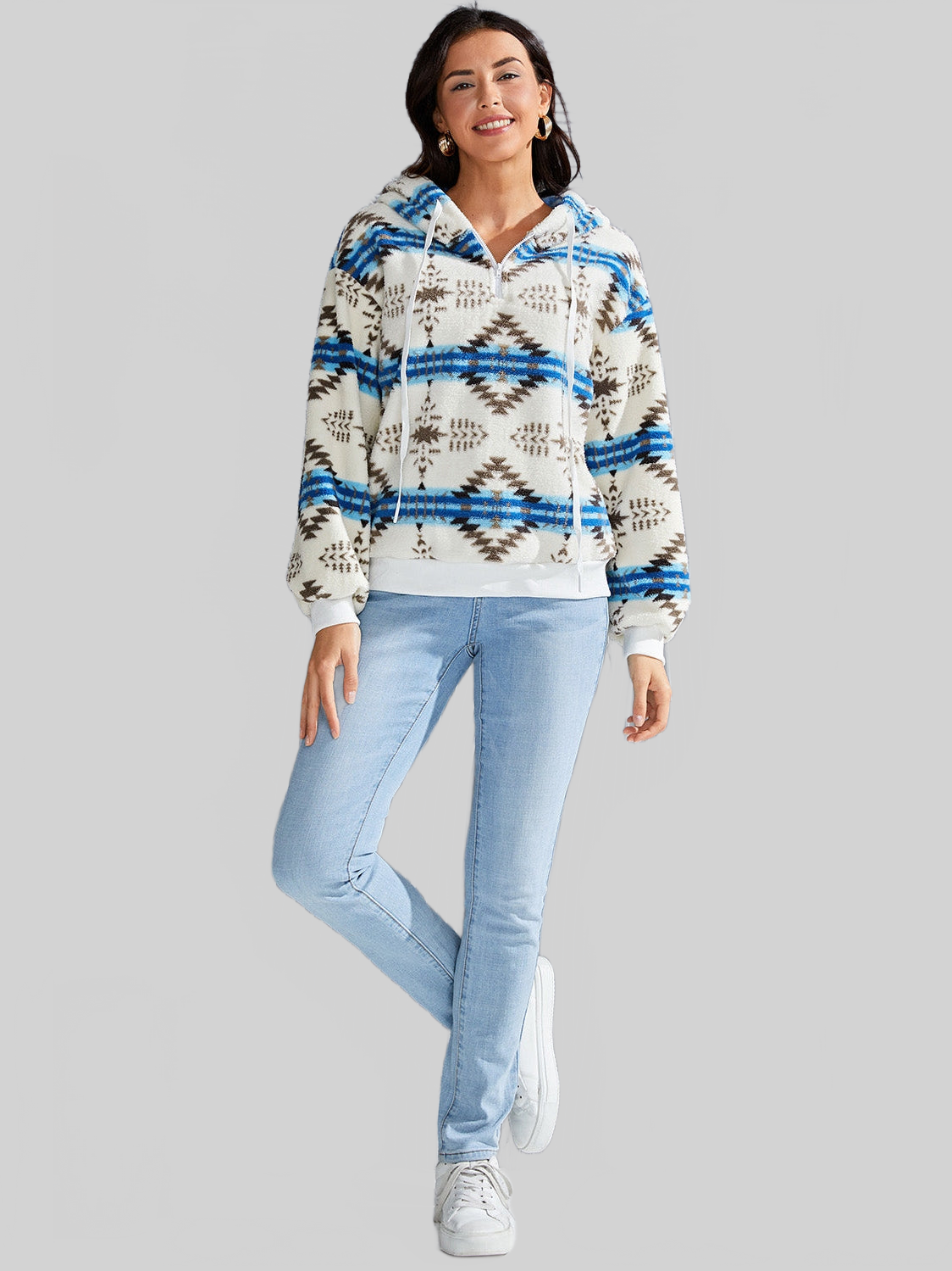 NicholesGifts Women Shiny Geometric Half Zip Drawstring Long Sleeve Hoodie NicholesGifts