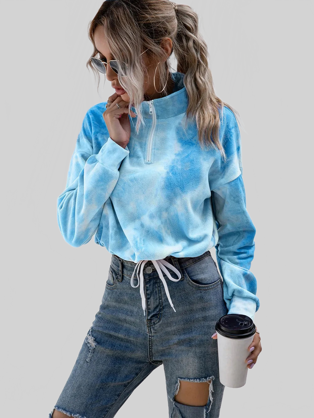 Women Ivy Lane Tie-Dye Quarter Zip Dropped Shoulder Sweatshirt nicholesgifts