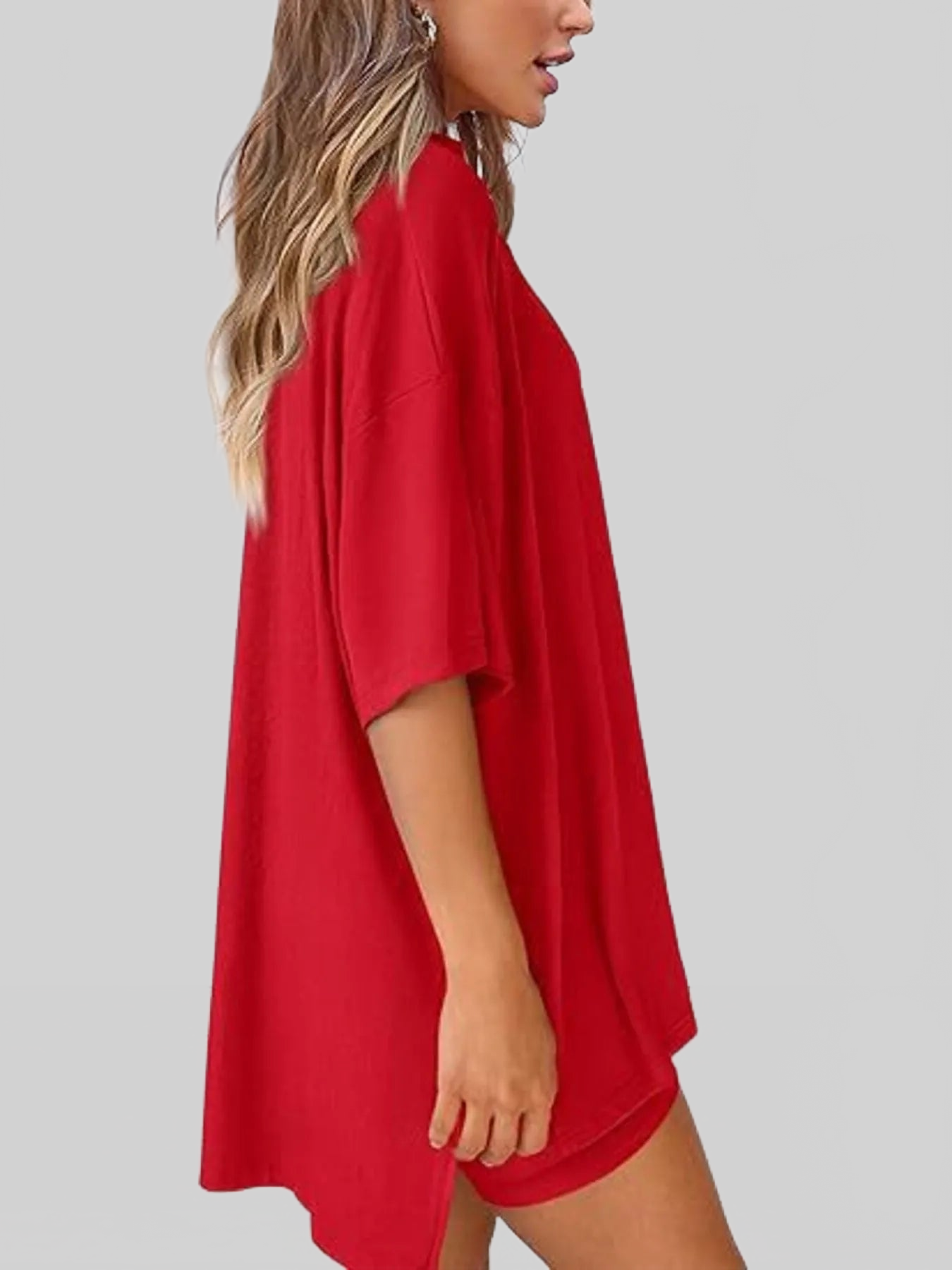 Full Size Oversized Slit Round Neck Top and Shorts Lounge Set Plus Size nicholesgifts