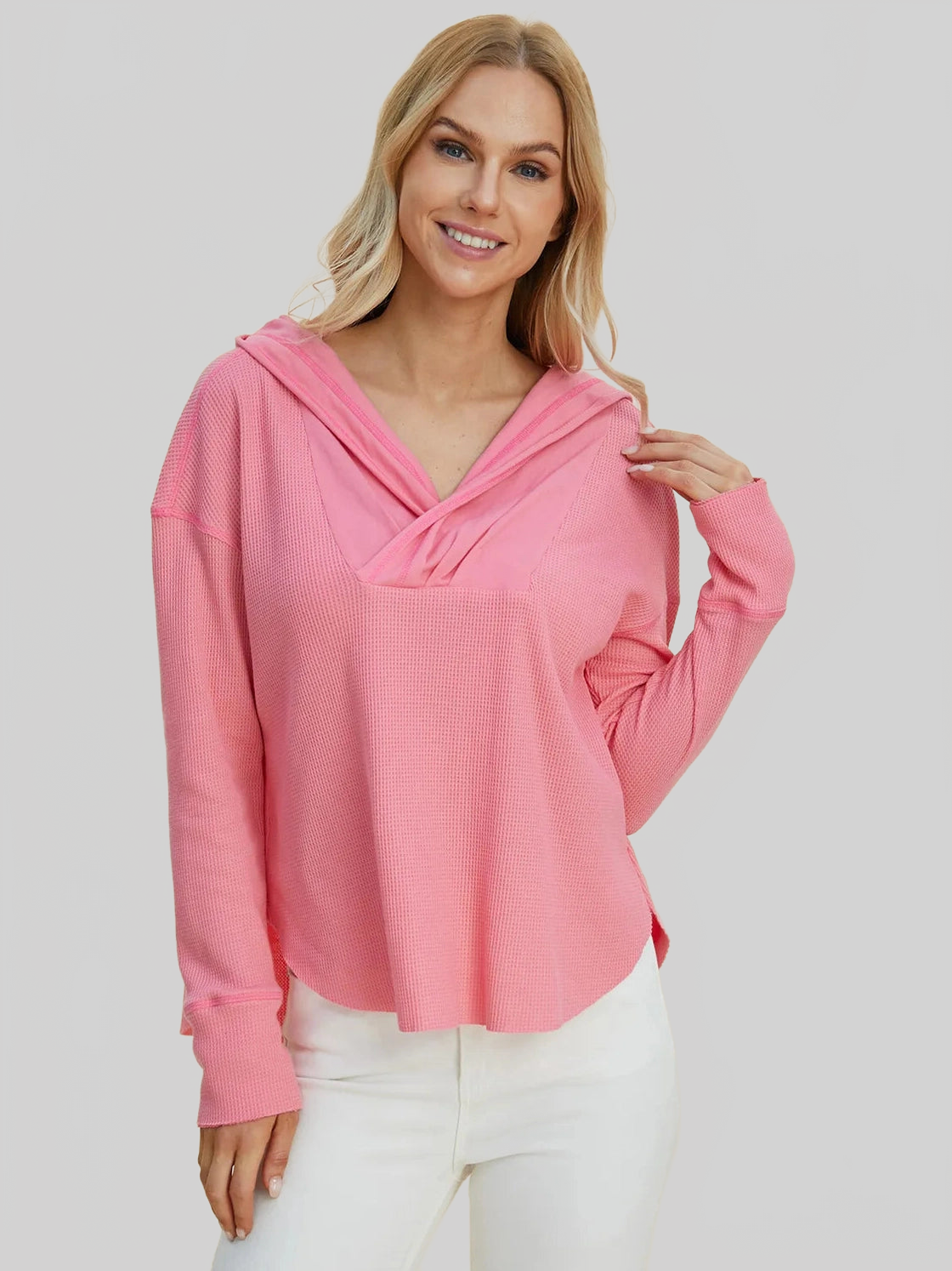 Double Take Full Size High-Low Dropped Shoulder Long Sleeve Hoodie NicholesGifts