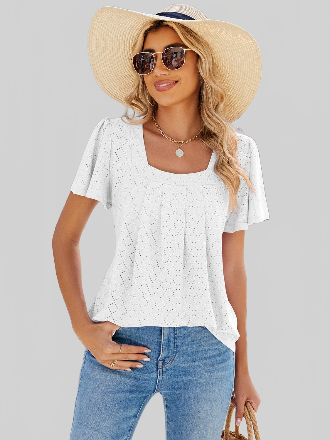 Women Eyelet Square Neck Flutter Sleeve Blouse nicholesgifts