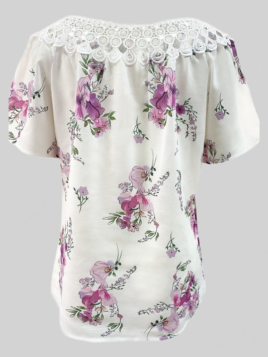 Women Full Size Printed Tie Neck Short Sleeve Blouse nicholesgifts