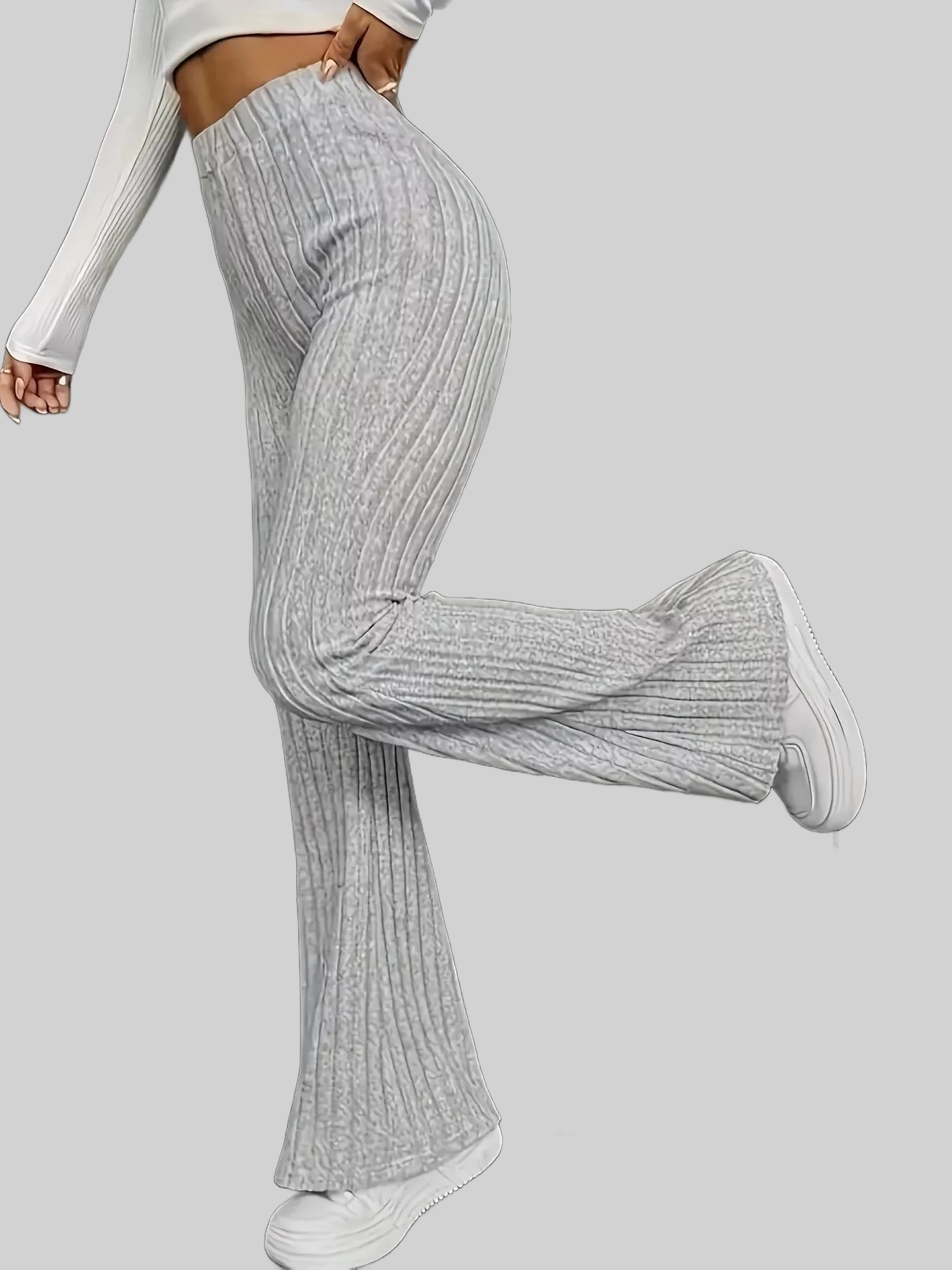 Women Plus Size Ribbed Knit High Waist Flare Pants nicholesgifts
