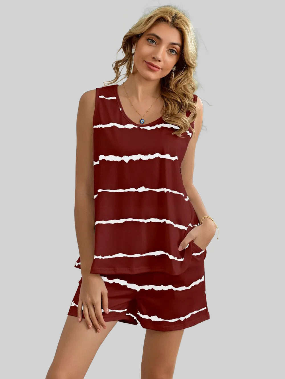 Striped Round Neck Tank and Shorts Lounge Set nicholesgifts