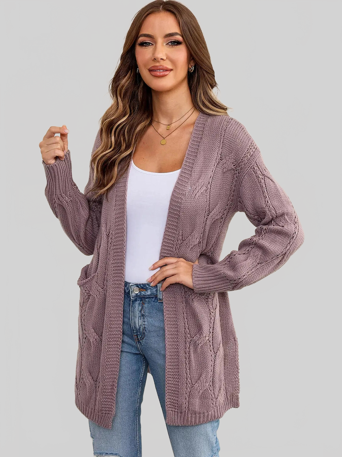 Women Cable-Knit Dropped Shoulder Slit Cardigan nicholesgifts