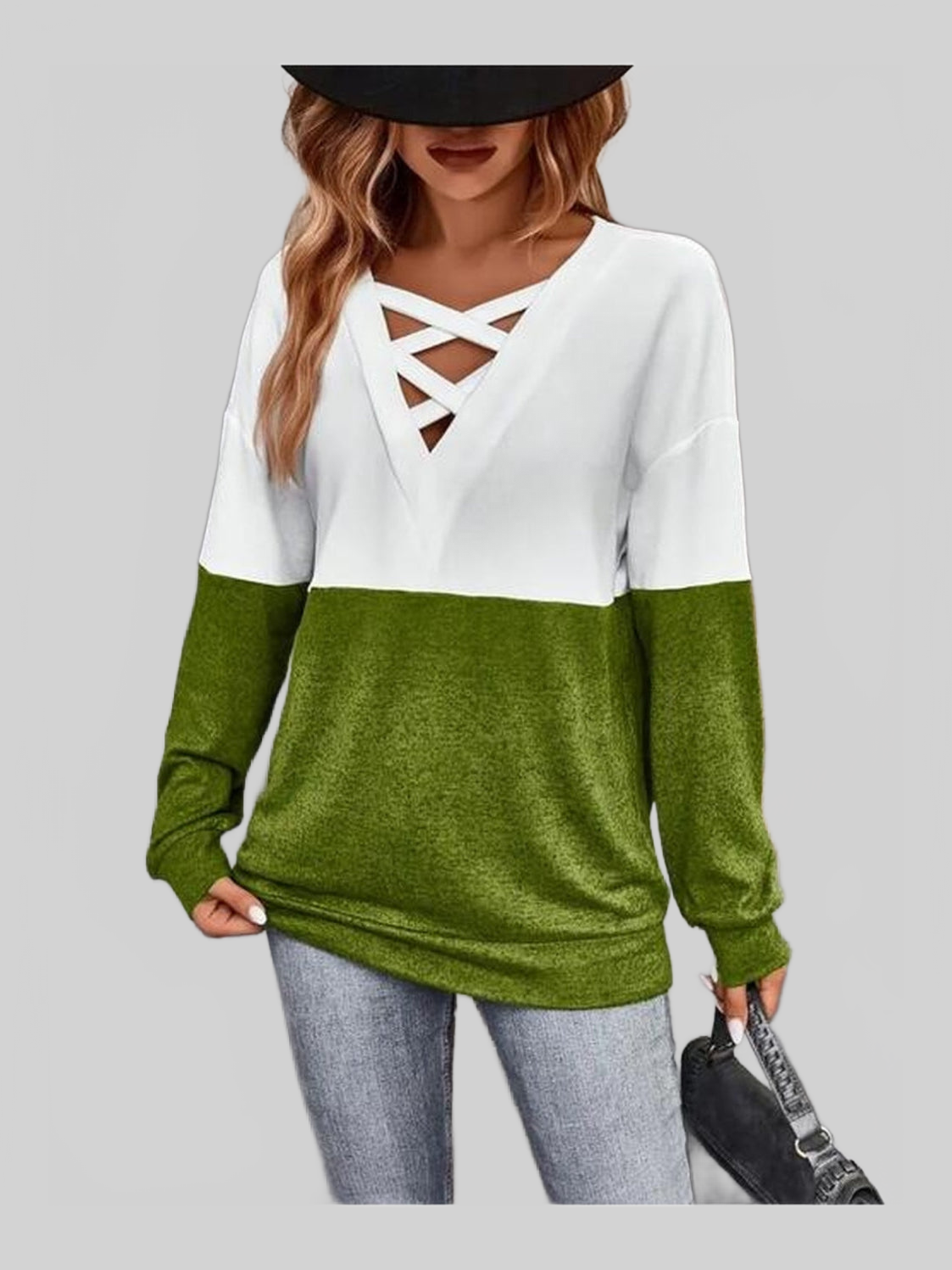 Women Contrast Crisscross V-Neck Long Sleeve Top NicholesGifts