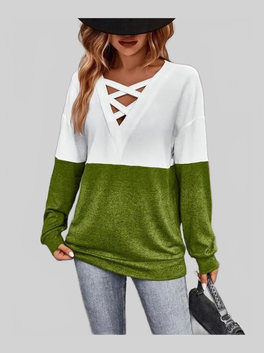 Women Contrast Crisscross V-Neck Long Sleeve Top NicholesGifts