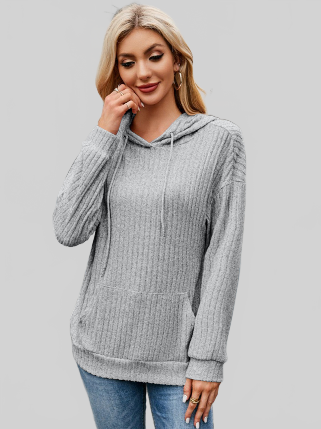 NicholesGifts Women Ribbed Drawstring Long Sleeve Hoodie nicholesgifts