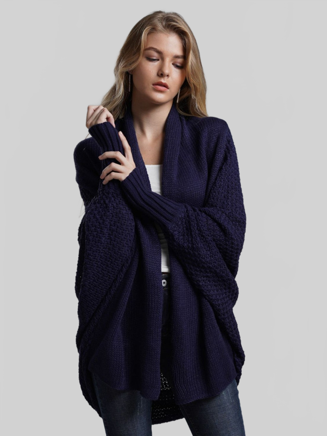 Dolman Sleeve Open Front Ribbed Trim Longline Cardigan nicholesgifts