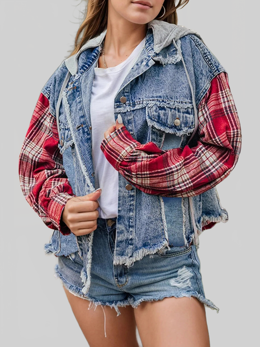 Raw Hem Drawstring Plaid Denim Jacket nicholesgifts