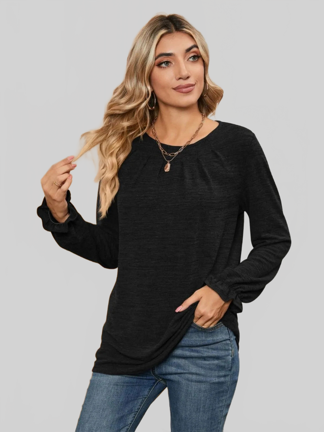 Ruched Round Neck Flounce Sleeve T-Shirt NicholesGifts