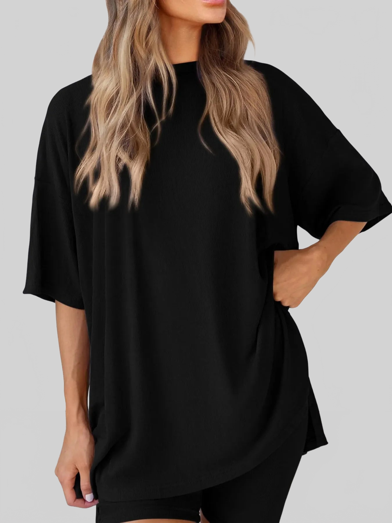 Full Size Oversized Slit Round Neck Top and Shorts Lounge Set Plus Size nicholesgifts
