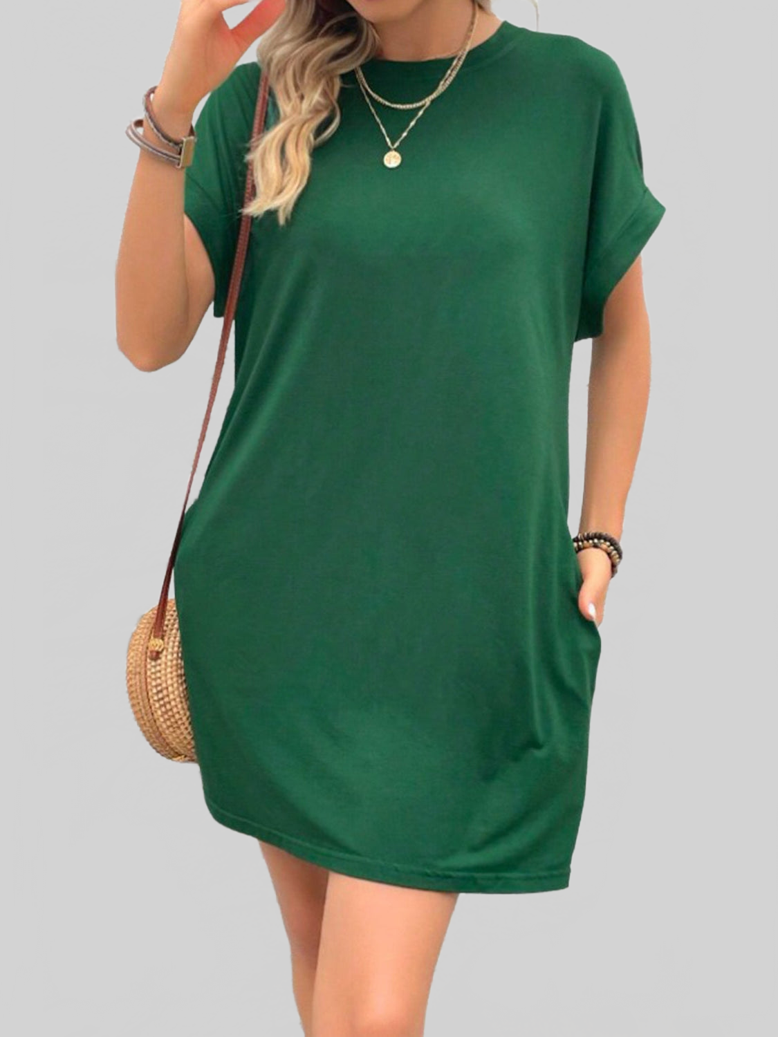 Women Pocketed Round Neck Short Sleeve Dress NicholesGifts