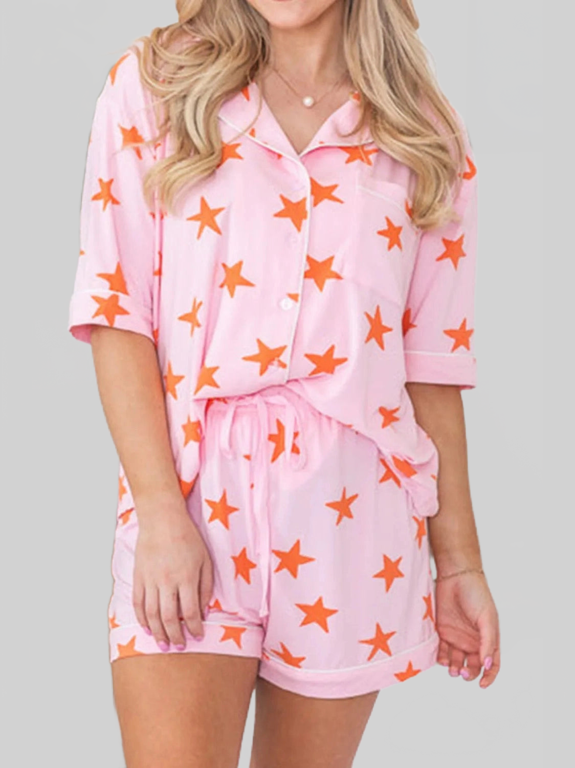 Star Print Short Sleeve Shirt and Shorts Set nicholesgifts