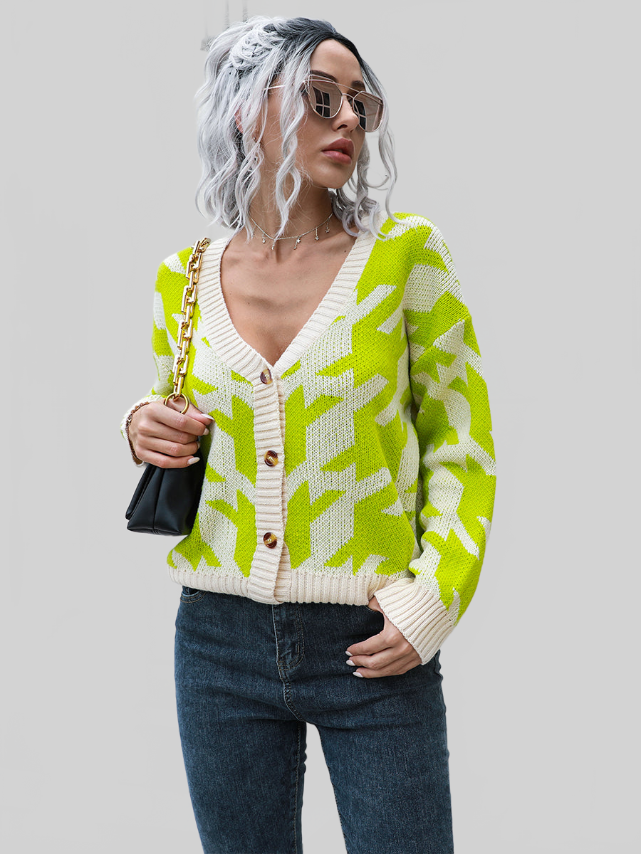 Women Houndstooth Button Down Cardigan nicholesgifts