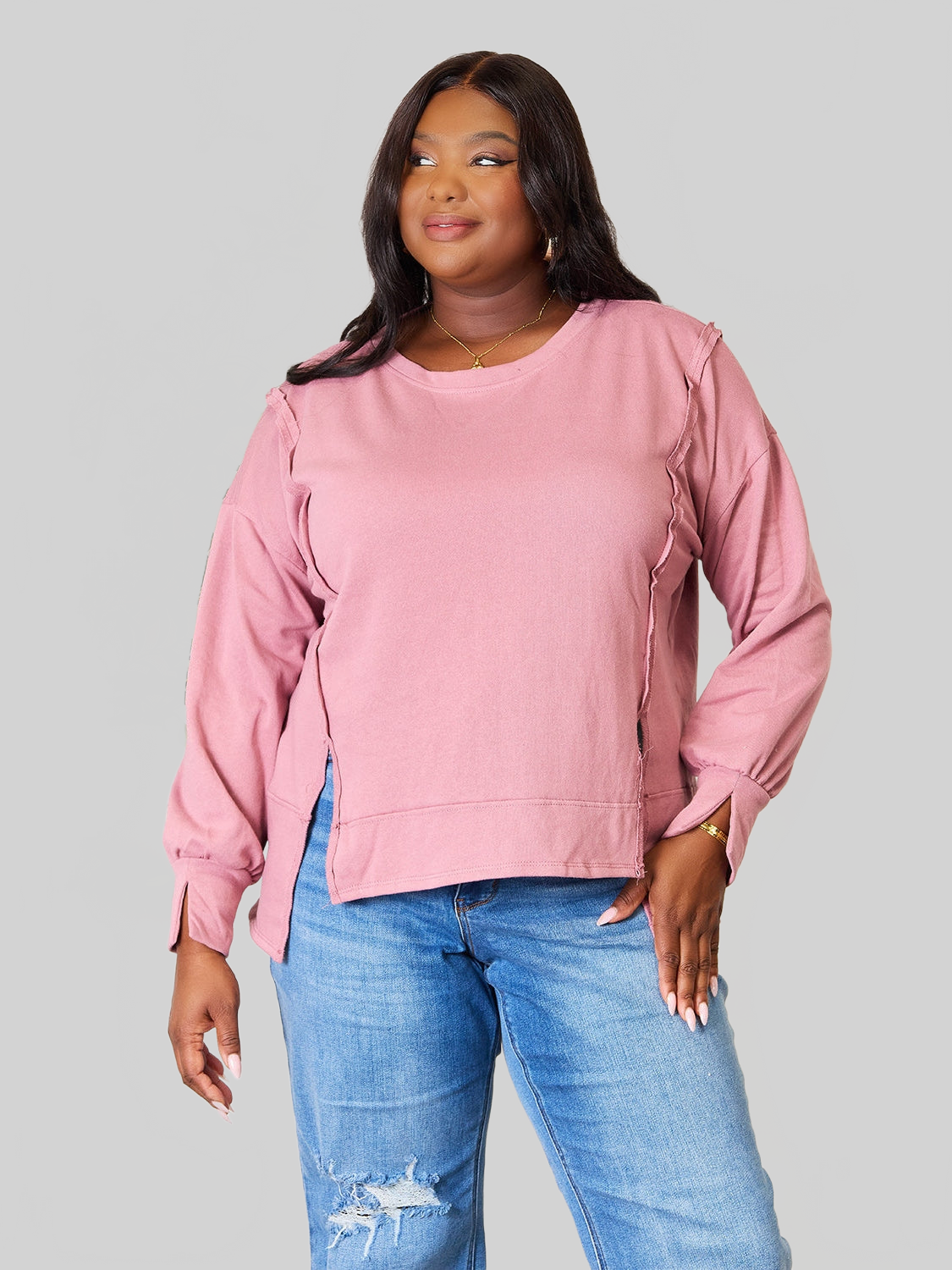 Women Culture Code Full Size Round Neck Exposed Seam Slit Top NicholesGifts