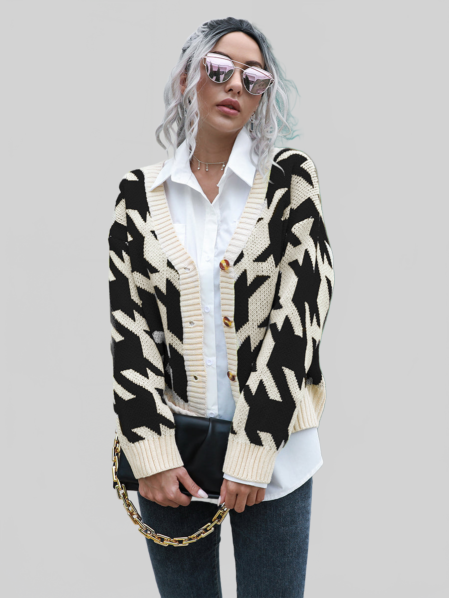 Women Houndstooth Button Down Cardigan nicholesgifts