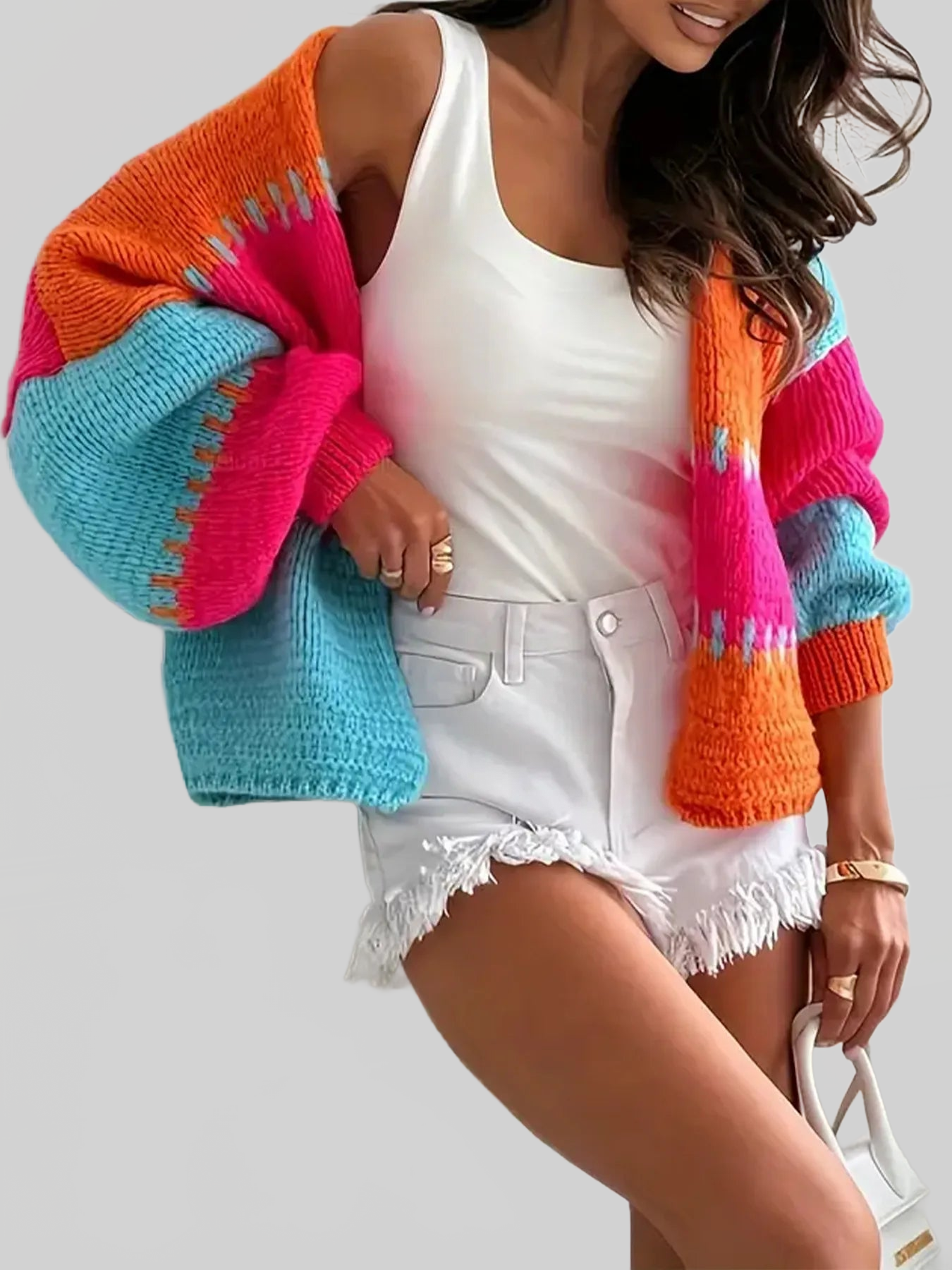 Women Color Block Drop Shoulder Cardigan Sweater NicholesGifts