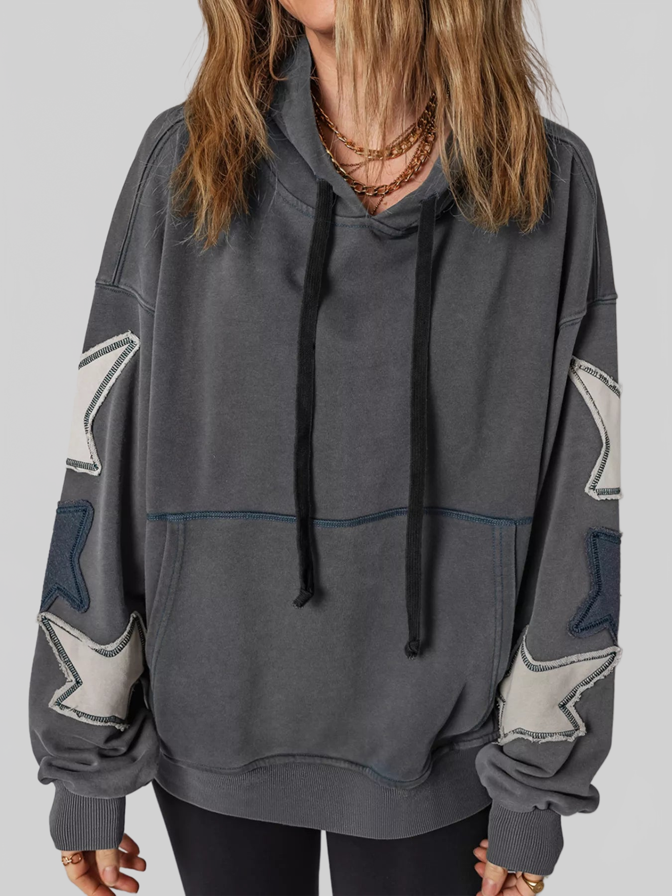 Star Patchwork Contrast Stitching Mineral Wash Kangaroo Pocket Hoodie NicholesGifts