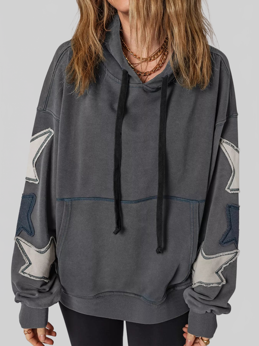 Star Patchwork Contrast Stitching Mineral Wash Kangaroo Pocket Hoodie NicholesGifts