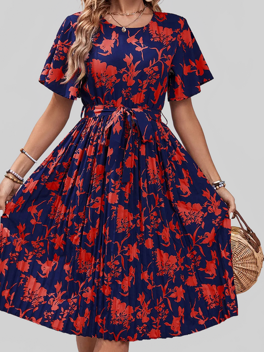 Perfee Printed Round Neck Short Sleeve Dress NicholesGifts