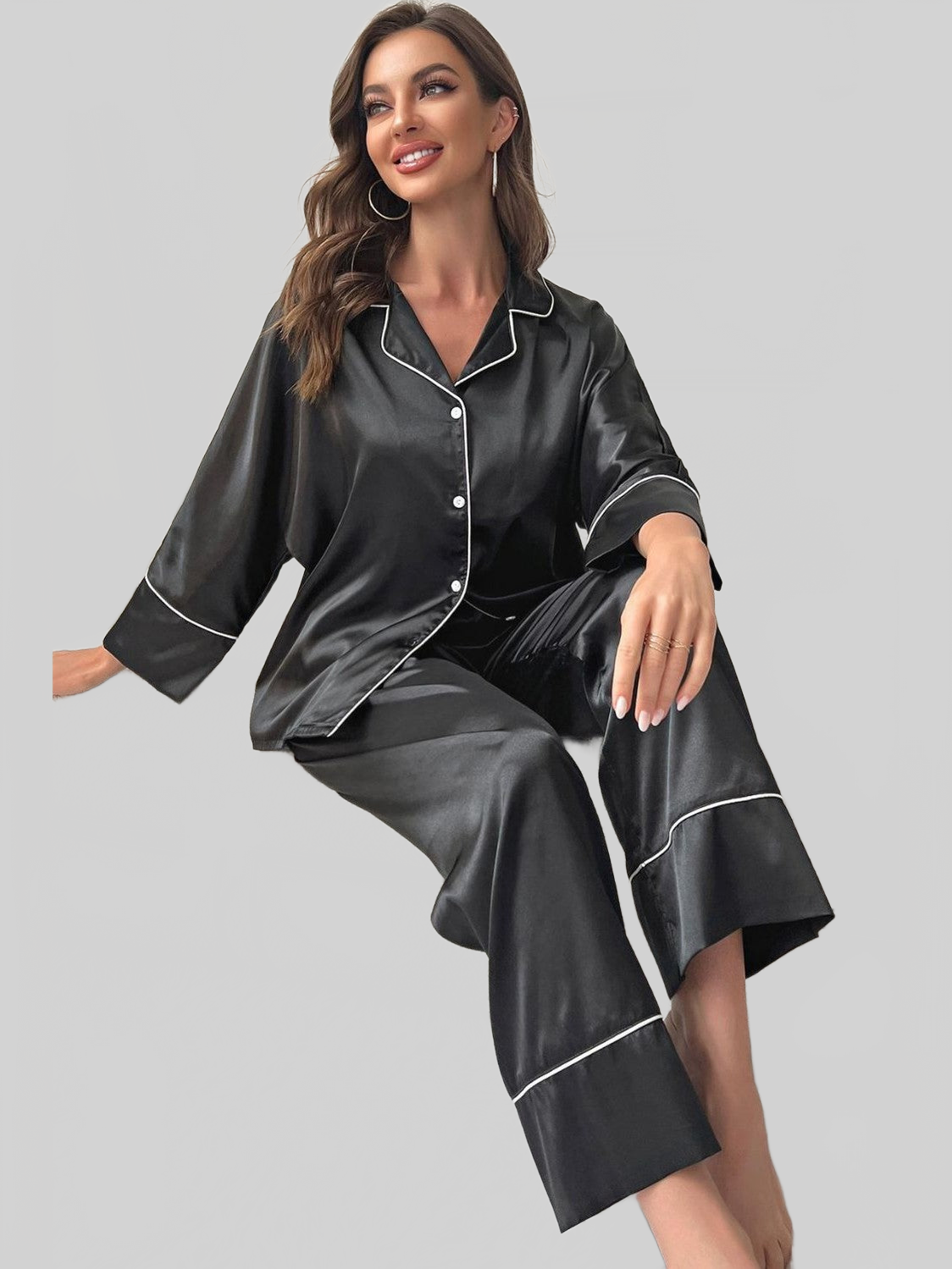 Contrast Piping Button-Up Top and Pants Pajama Set nicholesgifts