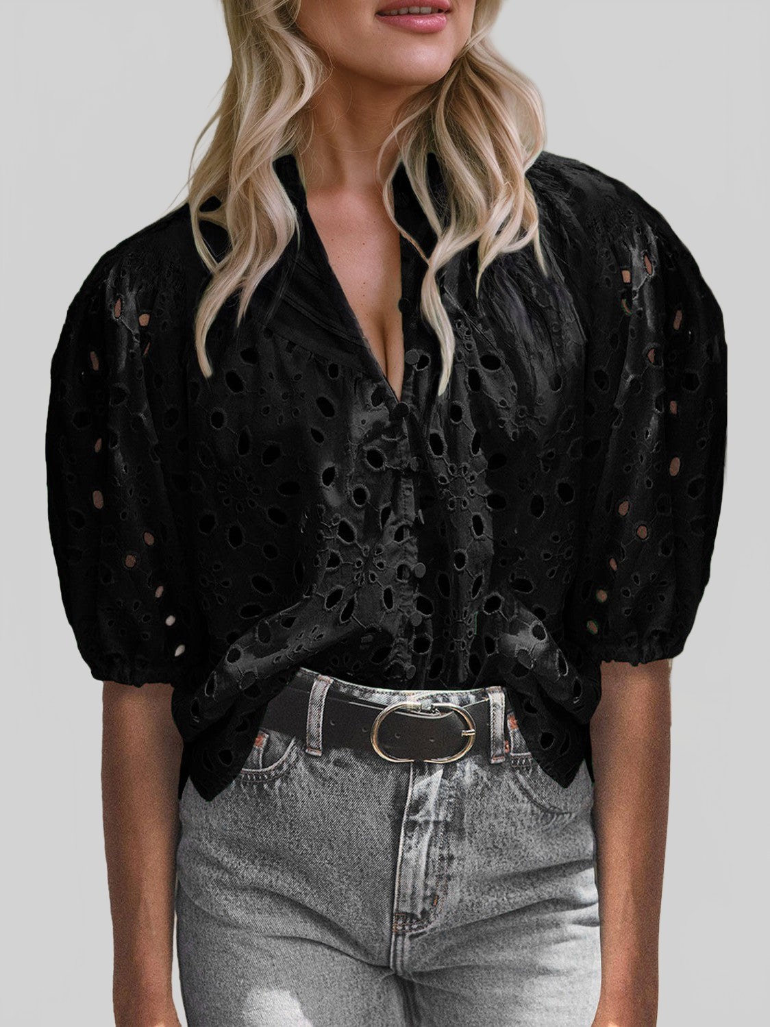 Women Eyelet Button Up Half Sleeve Blouse nicholesgifts