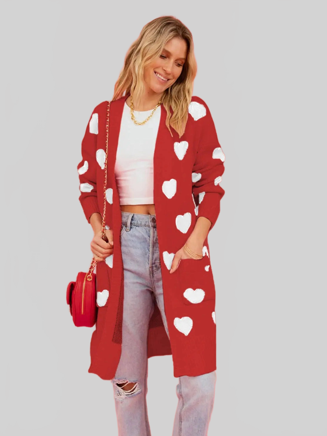 Women Heart Graphic Open Front Cardigan with Pockets nicholesgifts